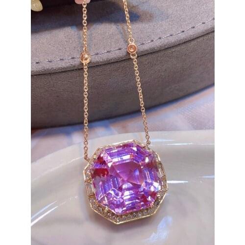 LR Fine Jewelry Solid 18K Gold Nature Kunzite Gemstones 30ct Diamonds Pendants Necklaces for Women