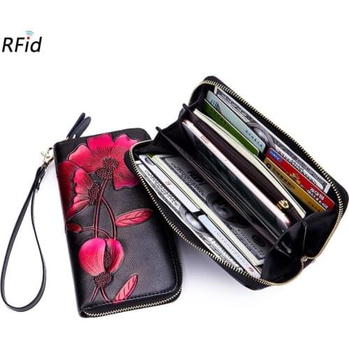 Flower Split Leather Womens Wallet Female Long Walet Women Carteira Lady Clutch Money Bag Coin Purse Embossing Cluth Bag