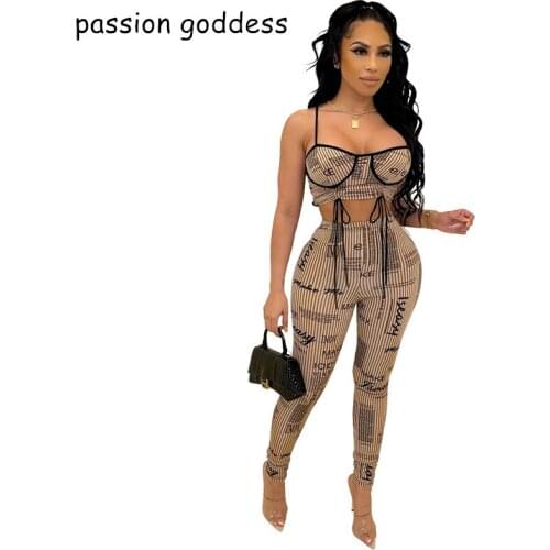 Summer 2021 Women Sexy Letter Print Stripe Two Piece Set Outfits Spaghetti Strap Drawstring Crop Top and Long Pencil Pant Suits