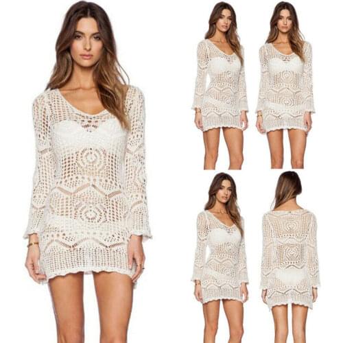 Women Sexy Lace Crochet Swimwear Off Shoulder Bikini Beach Cover Up Kaftan Dress Beachwear