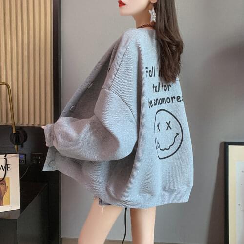 Preppy Style Smile Knit Cardigans Sweater Women V Neck Loose Elegaht Pull Femme Print Short Casual Coat Casual Loose Japan Tops
