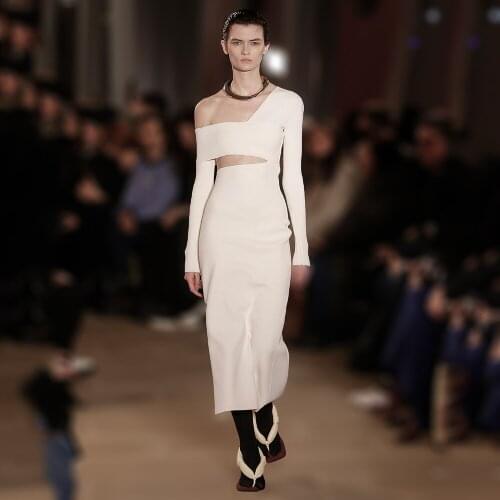 2020 Winter Womens Clothes Full Sleeve Irregular Neckline Mid-length Bandage Dress Fashion Celebrity Runway Vestidos