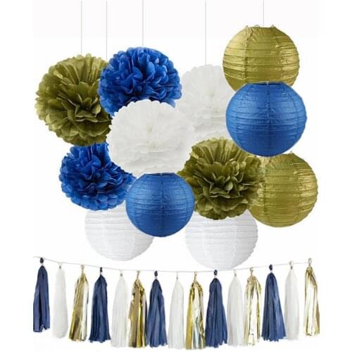 2 Sets Tissue Pom Poms Paper Lanterns Navy Blue White Gold Tassel Garland Balloons for Birthday Wedding Baby Shower Party Decor