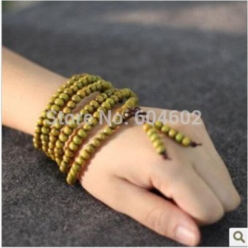 3-4mm Tibetan Buddhism 216 Green Wood Mala Necklace