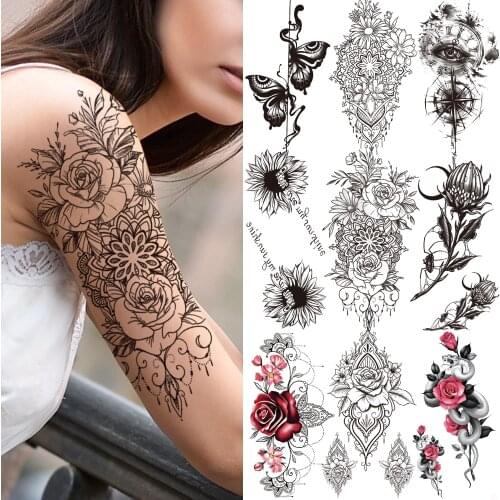 3D Flower Henna Rose Temporary Tattoo For Women Girl Adult Black Lace Letter Tattoos Sticker Fake Butterfly Snake Compass Tatoos