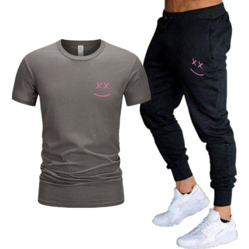 Pink Smile Face Printing Graphic T-Shirt New Style Anime Fashion Summer Mens Streetwear Suit Sweatpants Tops Cool Joggers Pants