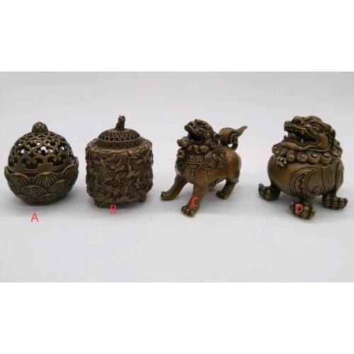 Chinese Brass Exquisite little incense burner auspicious beast bronze statue 7~8cm