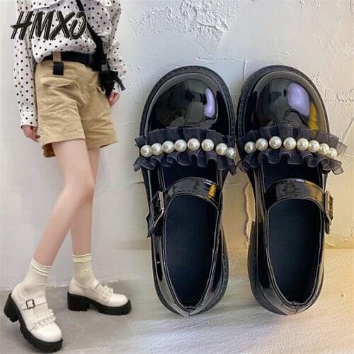 HMXO French Retro British Style Leather Shoes New Pearl Japanese Jk Buckle Female Shoes Korean Version of Mary Jane Women Shoes