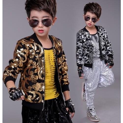 Hip Hop Costume Sequined Long Sleeve Coat Boys Jacket Street Dance Clothes Stage Show Outfit Children Performance Wear DN2977