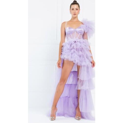 Fashion Lavender High Low Tulle Women Dresses To Party 2021 Sexy Ruffles Tulle Long Women Outfit Summer Female Clothing