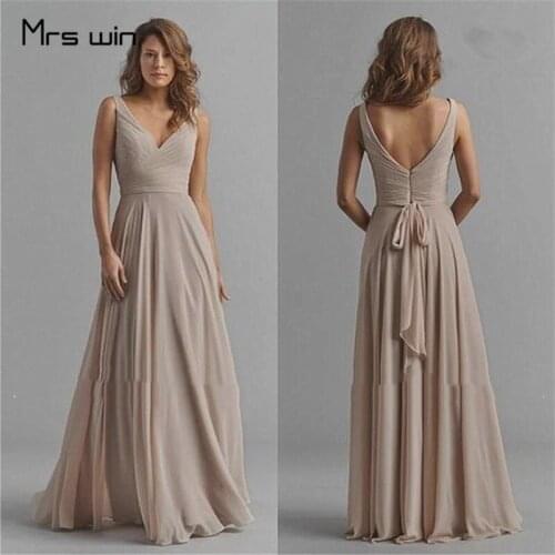 Mrs win Evening Dresses Chiffon Deep V-neck Women Party Dress HR236 Plus Size A Line Pleat Tank Long Vestido Madrinha For Women