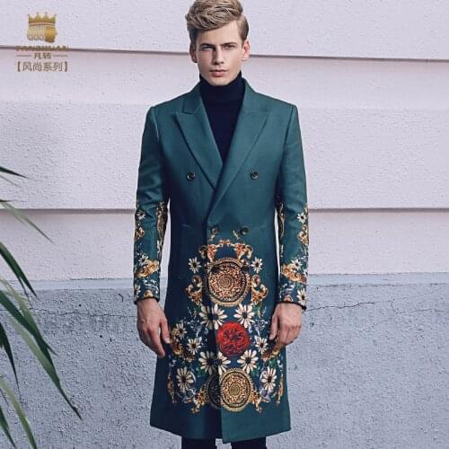 Court Style Mens Retro Long Wool Blended Parka Coat Slim Embroidered Floral Party Perform Outwear Luxury New 2021