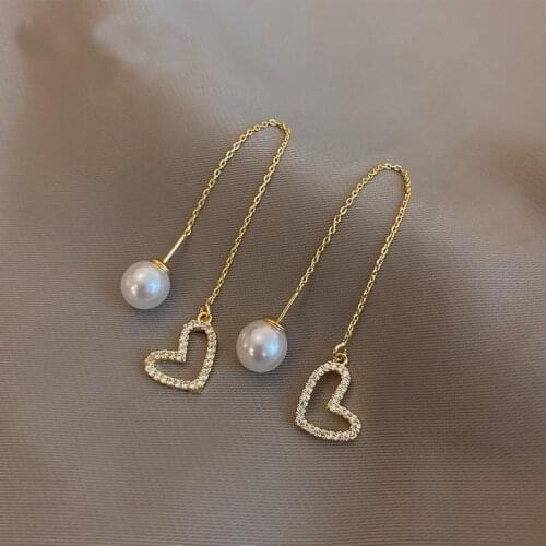 2021 New Gold Plated Classic Pearl Pendant Heart Shape Ear Line Fashion Korean Jewelry Girl Party Girl Dangling Tassel Earrings