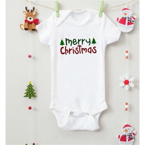 Newborn Cute Cartoon Merry Christmas Letters Graphic Printed Baby Romper Infant Summer New Fashion Short Sleeve White Onesies