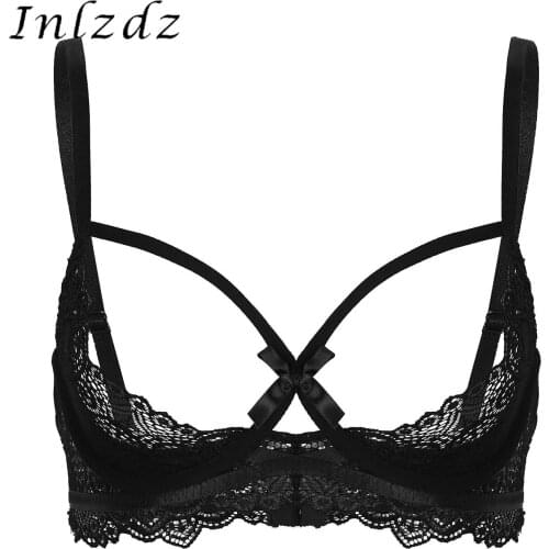 See Through Sheer Lace Bra Top Womens Erotic Lingerie Bra Adjustable Spaghetti Shoulder Straps Half Cups Underwired Bra Tops