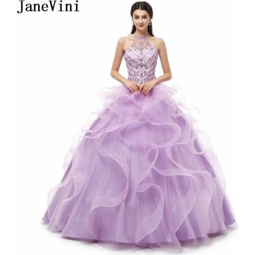 JaneVini Luxury Princess Ball Gown Lilac Quinceanera Dresses Halter Heavy Beaded Puffy Tulle Prom Party Gowns Vestidos Dulces 16