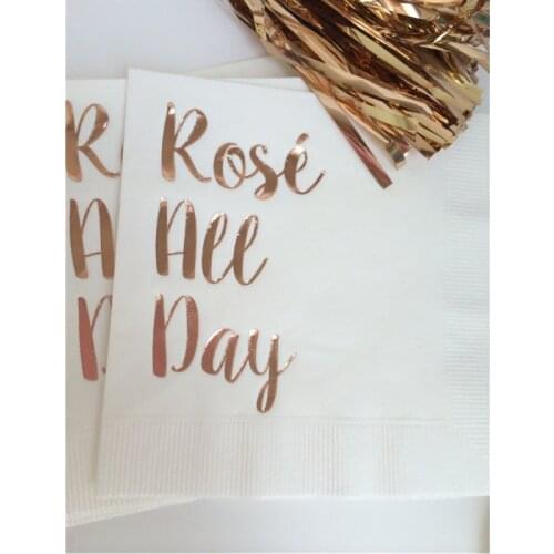Custom White Metallic Rose Gold Cocktail Beverage Napkins 3 Ply Rose Gold Foil Wine Fun Girls Bachelorette Brunch Shower Wedding