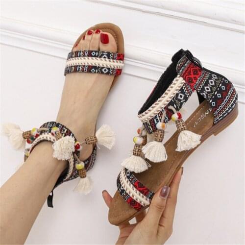 Summer Bohemian Ethnic Style Sweet Womens Flat Open Toe Sandals Fashion Mixed Colors Tassel Pendant Casual Beach Dress Shoes