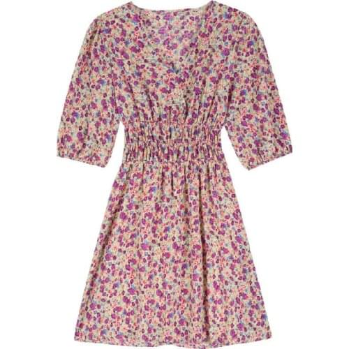 Mid-Length Floral Chiffon Dress V-Neck Female Retro Slim and High A-Line Skirt All-Matched and Comfortable d88