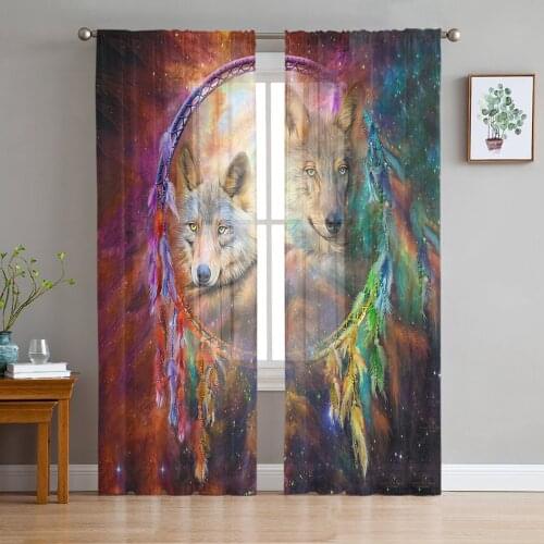 Animal Dream Cat Red Starry Wolf Sheer Curtains for Living Room Modern Voile Curtain Bedroom Tulle Curtains Window Drapes Decor