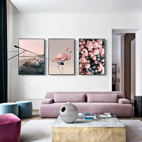 Modern Flamingo Zebra Sea Pink Flowers Canvas Painting Wall Art Nordic Posters and Prints Wall Pictures for Living Room Decor