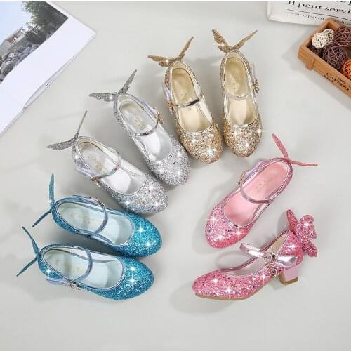 Girls leather shoes high heels princess shoes Sequin upper bow decoration blue pink gold childrens dance shoes Wedding Shoes