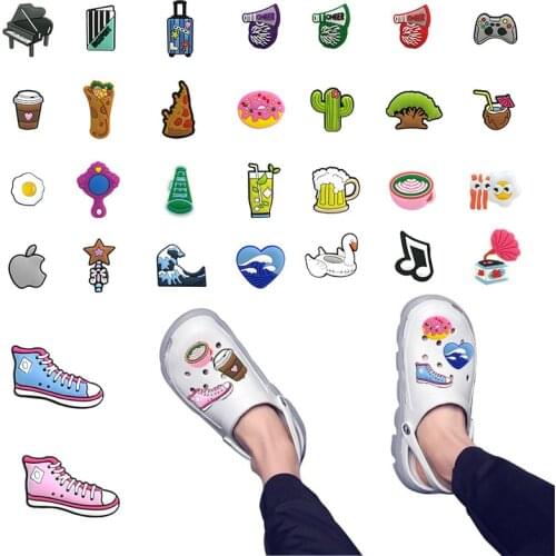 Random 10pcs PVC Shoes Charms Accessories Foods Pizza Taco Decorations Coconut Coffee Cactus Ornaments Fit Bracelets Kids Gift