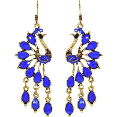 Vintage Womens Peacock Shape Indian Jhumka Earrings Turkish Blue Stone Beads Carved Alloy Dangle Earrings Gypsy Tribal Jewelry