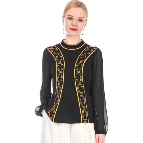 VOA Three Kinds of Silk Stitching Yellow Half-high Collar Ring Embroidery Perspective Long-sleeved Black Jacquard Silk Top BE201