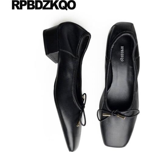 Square toe black brand block leather pumps low heels bow chunky genuine ladies shoes italian 2019 thick customized size 4 34