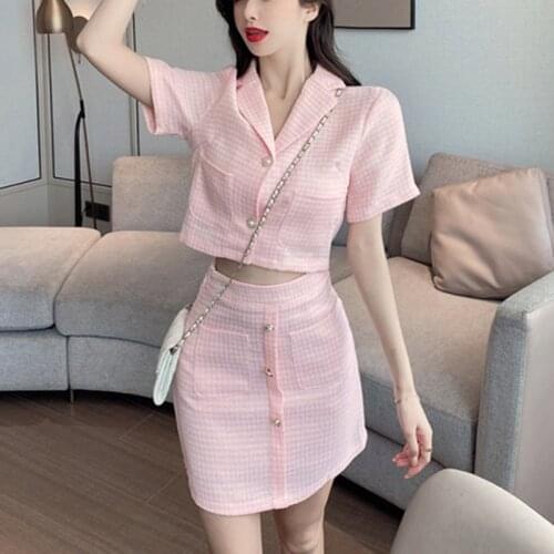 Summer Sweet Skirt Suits Korean Chic Two Piece Set Women Crop Top Jacket Coat + Sheath Skirts Sets Slim Casual 2 Piece Suits