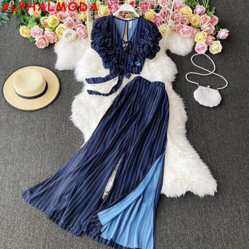 ALPHALMODA 2021 Spring Backless Ruffled Sleeve Sexy V-neck Shirt + High Waist Wide Leg Split Pants Women 2pcs Suit Holiday Set