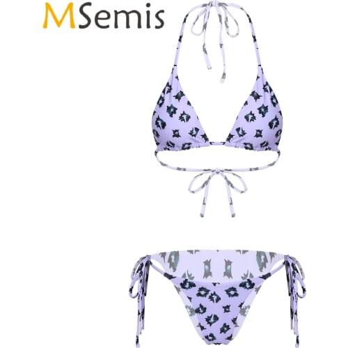 Womens Printed Bikini Swimsuit Two-piece Swimwear Adjustable Lace-up Halter Neck Bikini Set Beach Sunbathing Bathing Suit