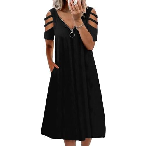 Sexy Hollow Out Short Sleeve Mid Dress Zipper V-Neck Women Elegant Black Loose Long Dresses New Summer Plus Size 3XL Robe Femme