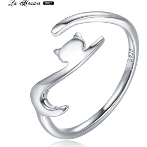 La Menars 925 Sterling Silver Elegant Cat Open Adjustable Finger CZ Ring Women Personalized Fashion Accessories Holiday Gifts