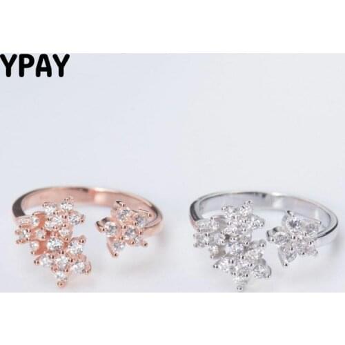 YPAY 100% Real 925 Sterling Silver Open Rings for Girls Ladies Silver/Rose Gold Plated Flower Bague Fine Wedding Jewelry YMR028