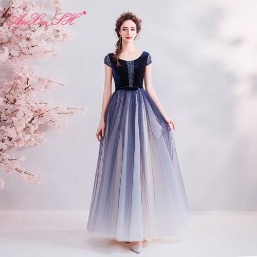 AXJFU Luxury princess navy blue lace evening dress blue diamond vintage o neck beading crystal lace blue evening dress 2880