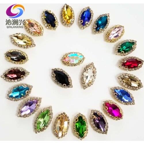 Gold bottom Mix color eye shape Top grade Glass Crystal buckle,sew on rhinestones with holes,Diy/wedding decoration SWEKG00