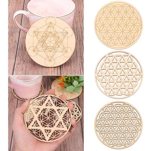 1PC Creative Chakra Chakra Pattern Coaster Wood Flower of life Natural Symbol Round Edge Coaster For Stone Crystal Set DIY Deco
