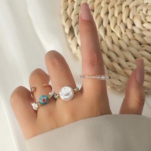 4 Pcs/Set Trendy Womens Gold Color Metal Transparent Crystal Blue Glazed Glass Beads White Pearl Handmade Beaded Rings Set Gift