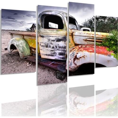 Vintage Colorful Car 4 Panels Canvas Painting HD Poster Wall Art Print Picture for Living Room Interior Home Decoration Frame