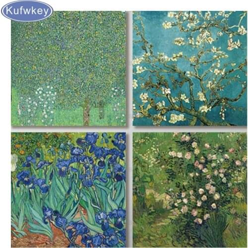 Diamond painting full resin drill cross stitch kit diamond embroidery 4Pcs/Sets Wall Art Home Decor Almond Blossom and Irises