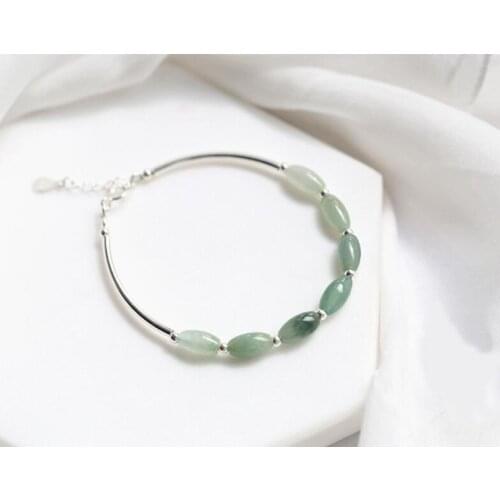 925 Sterling Silver Natural Green Jade Oval/ waterdrop &Lucky Ball round bead charms Bracelet