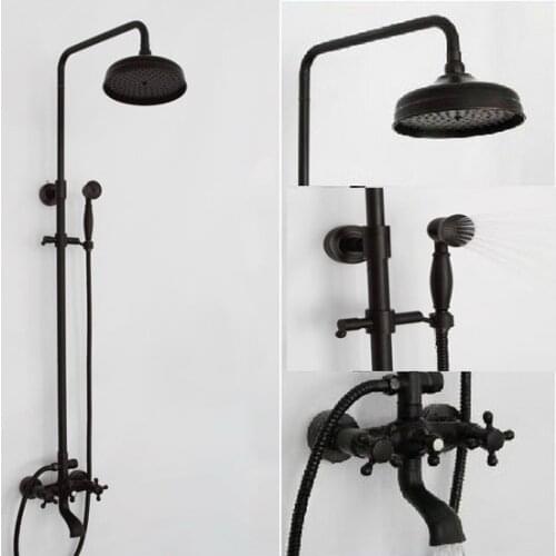 Oil Rubbed Bronze Wall Mounted Bathroom Rain Shower Faucet Set + Handheld Shower & Dual Cross Handles Tub Mixer Tap ars020