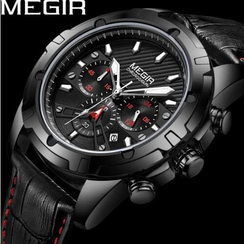MEGIR Watch Men Waterproof Chronograph Military Army Male Clock Top Brand Luxury Black Genuine Leather Man Sport Wristwatch 2102