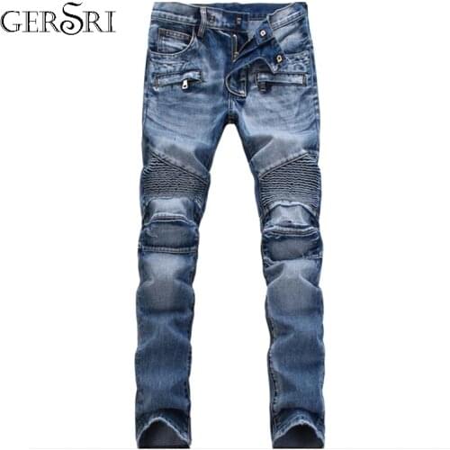 Gersri Men Casual Biker Denim Jeans Stretch Denim Pants Solid Slim Fit Jeans Male Street Skinny Pant Vintage Youth Jeans