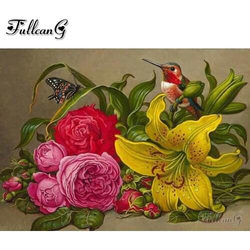 FULLCANG Flower and bird animal 5d diy diamond painting cross stitch full square round drill rhinestone embroidery kits FG0158