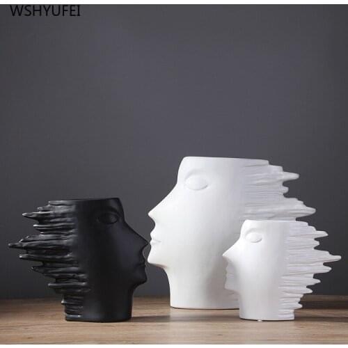 Creative Ceramic White Black Avatar Abstract Human Head Art Face Vase Modern Home Living Room Flower Shop Decoration Ornaments
