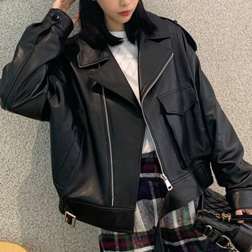 Spring Autumn Women Black Soft Faux Leather Jacket With Belt Casual Loose Biker Coat Female Outwear Pu Leather Streetwear