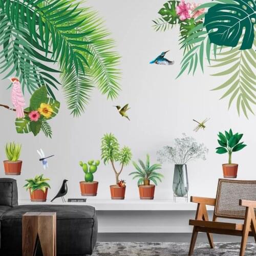 Summer Green Plant Potted Palm Leaf Wall Sticker Living Room Bedroom Childrens Room Decoration Aesthetic Home Decoration Wall